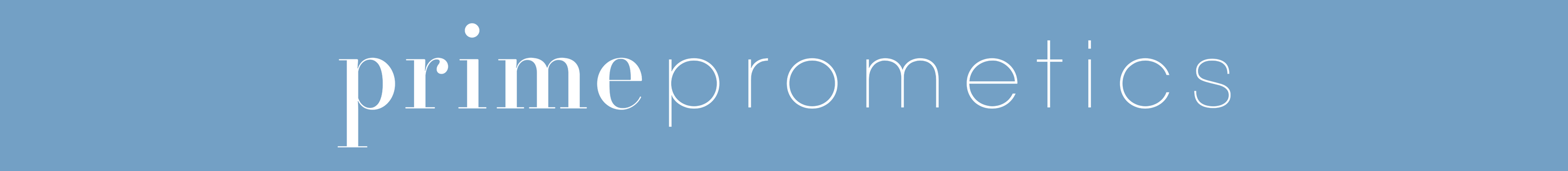 White text on a blue background reads primeprometics, with prime in bold serif font and prometics in a thin sans-serif font.