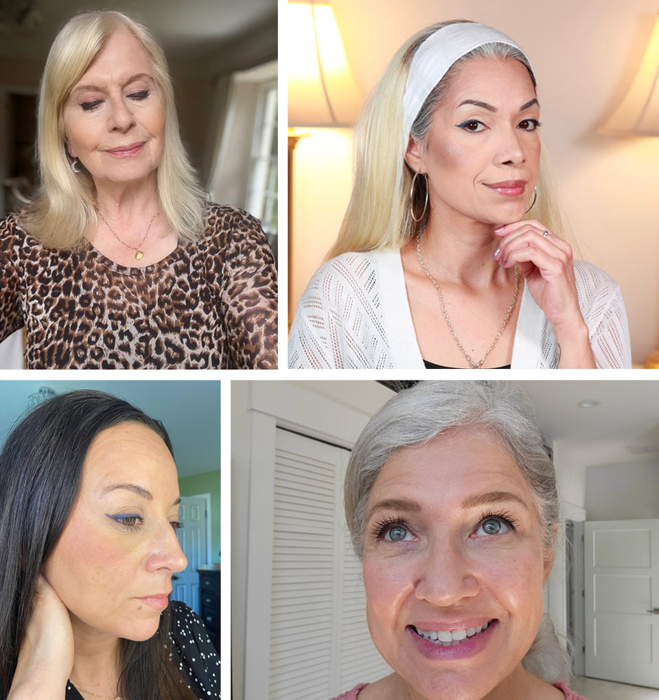 A collage of four women with light or graying hair, each posing indoors. They showcase different makeup looks, wearing patterned or light-colored tops, and appear to be smiling or thoughtful.