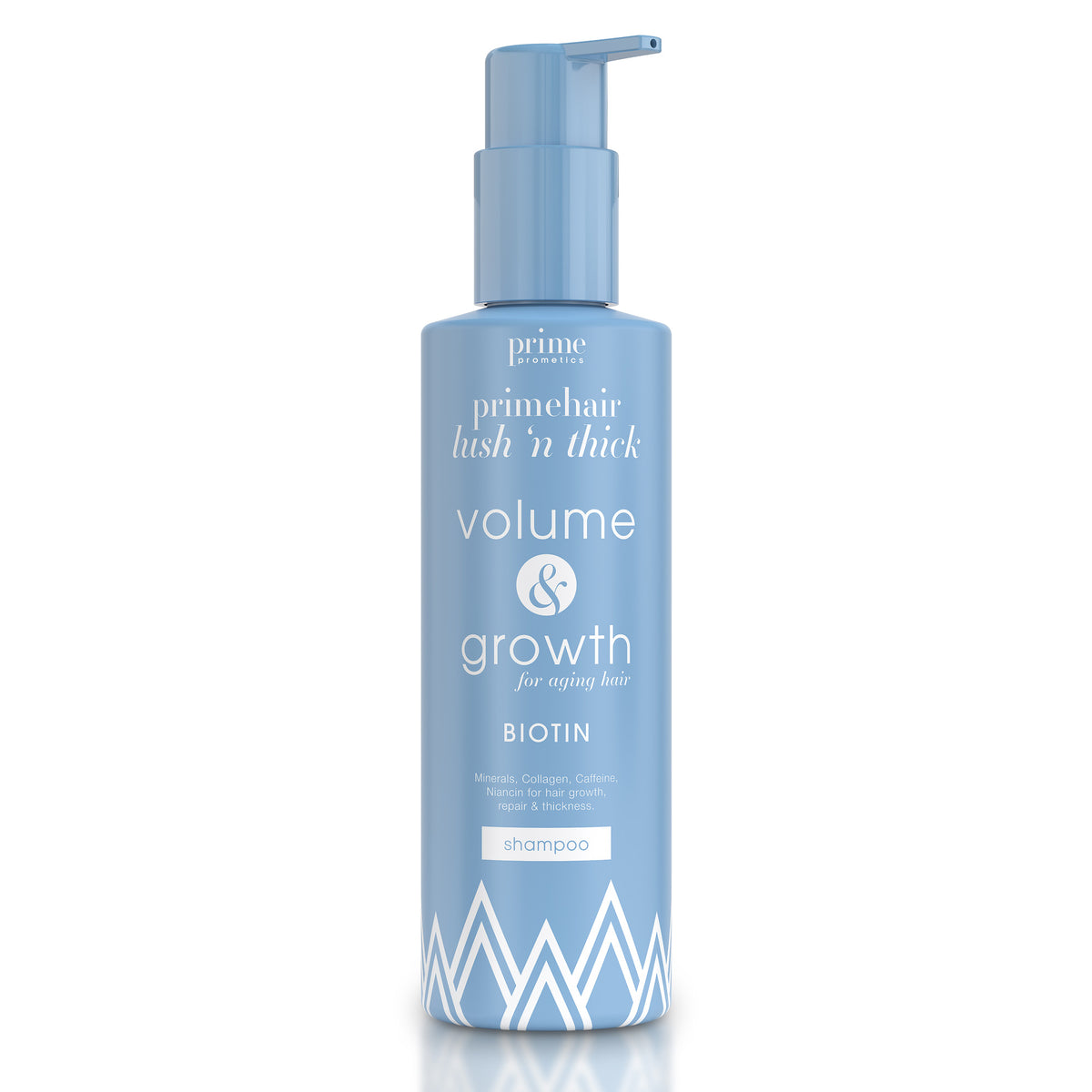 Prime Prometics PrimeHair Lush N' Thick volume & growth shampoo bottle with biotin for aging hair