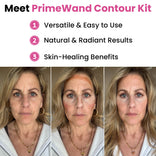 A woman appears in three photos—before, during, and after using the PrimeWand Contour Kit by PrimePrometics™. Text highlights its versatility, natural look, skin-healing benefits, and the radiant finish of its built-in highlighter.