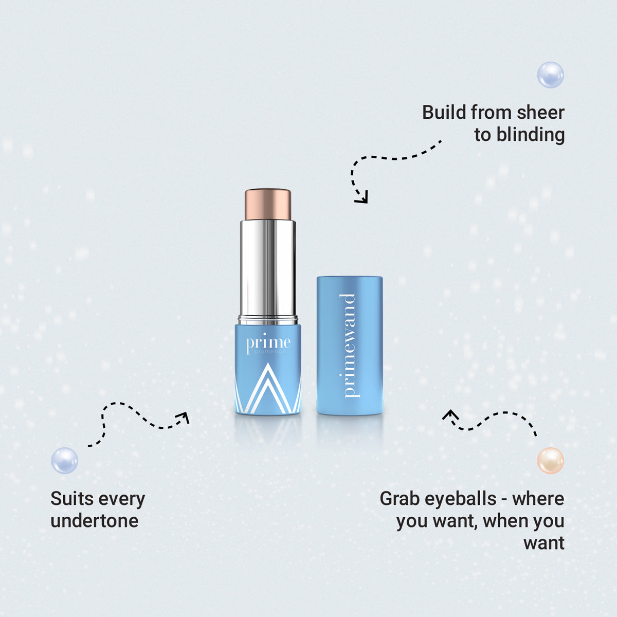 Prime Prometics PrimeWand Pearl key benefits: builds from sheer to blinding, suits every undertone, grabs eyeballs where and when you want