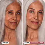 Side-by-side photos of a woman with long gray hair: on the left, she appears with her natural face; on the right, her skin looks smooth and even-toned, and her lips glossy after using the PrimePrometics™ PrimeWands 5-in-1 Makeup Wand for buildable color and a flawless nude look.