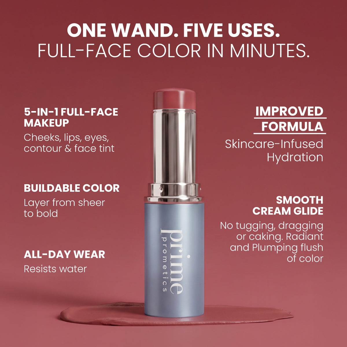 A mauve PrimeWands 5-in-1 Makeup Wand by PrimePrometics™ stands upright, with product smudged nearby. Text emphasizes its features: versatile 5-in-1 use, buildable color, all-day wear, an improved hydrating formula, and a smooth, radiant, plumping finish—making it a true multi-use makeup wand infused with skincare benefits for healthier-looking skin.