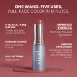 A mauve PrimeWands 5-in-1 Makeup Wand by PrimePrometics™ stands upright, with product smudged nearby. Text emphasizes its features: versatile 5-in-1 use, buildable color, all-day wear, an improved hydrating formula, and a smooth, radiant, plumping finish—making it a true multi-use makeup wand infused with skincare benefits for healthier-looking skin.