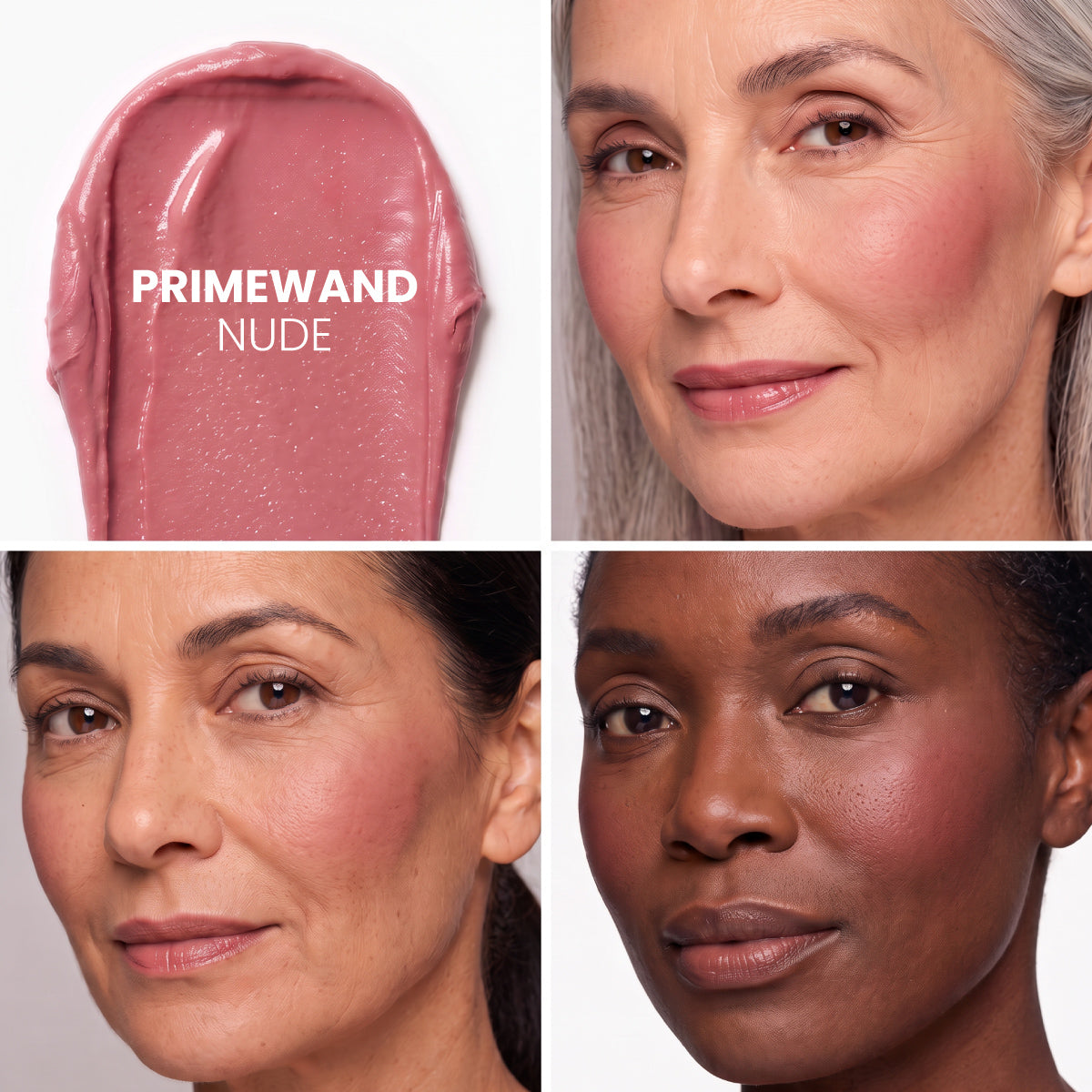 Four images: a smear of mauve lipstick labeled PrimeWands 5-in-1 Makeup Wand by PrimePrometics™, and three women of varying ages and skin tones wearing the product, each with soft, natural makeup and a gentle smile. This skincare-infused makeup wand blends nourishing benefits with buildable color for a radiant, confident look.