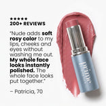 A rosy pink smear of PrimePrometics™ PrimeWands 5-in-1 Makeup Wand, shown with its sleek silver tube labeled “Prime,” sits next to a customer review praising its soft rosy hue and polished look—highlighted by over 200 glowing reviews. This skincare-infused makeup delivers buildable color for a flawless finish every time.