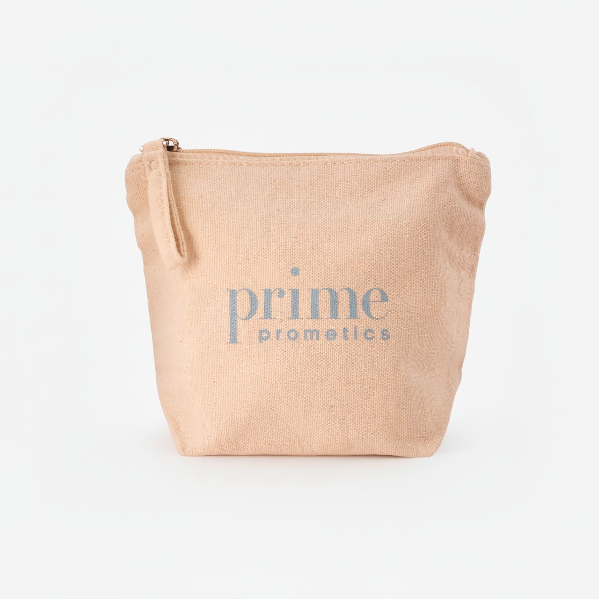 The PrimePrometics™ Makeup Bag is a beige canvas zippered pouch with "prime prometics" printed in light blue on the front, shown against a plain white background.