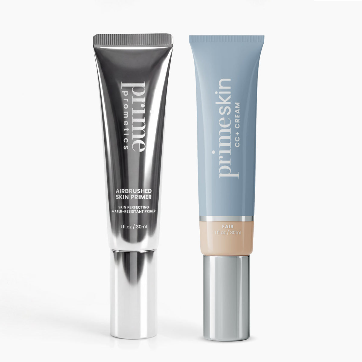 Two upright tubes from PrimePrometics™ stand side by side. The left is metallic silver, labeled CC + Primer; the right is light blue, also labeled CC + Primer. Both feature sleek silver caps for a modern look.