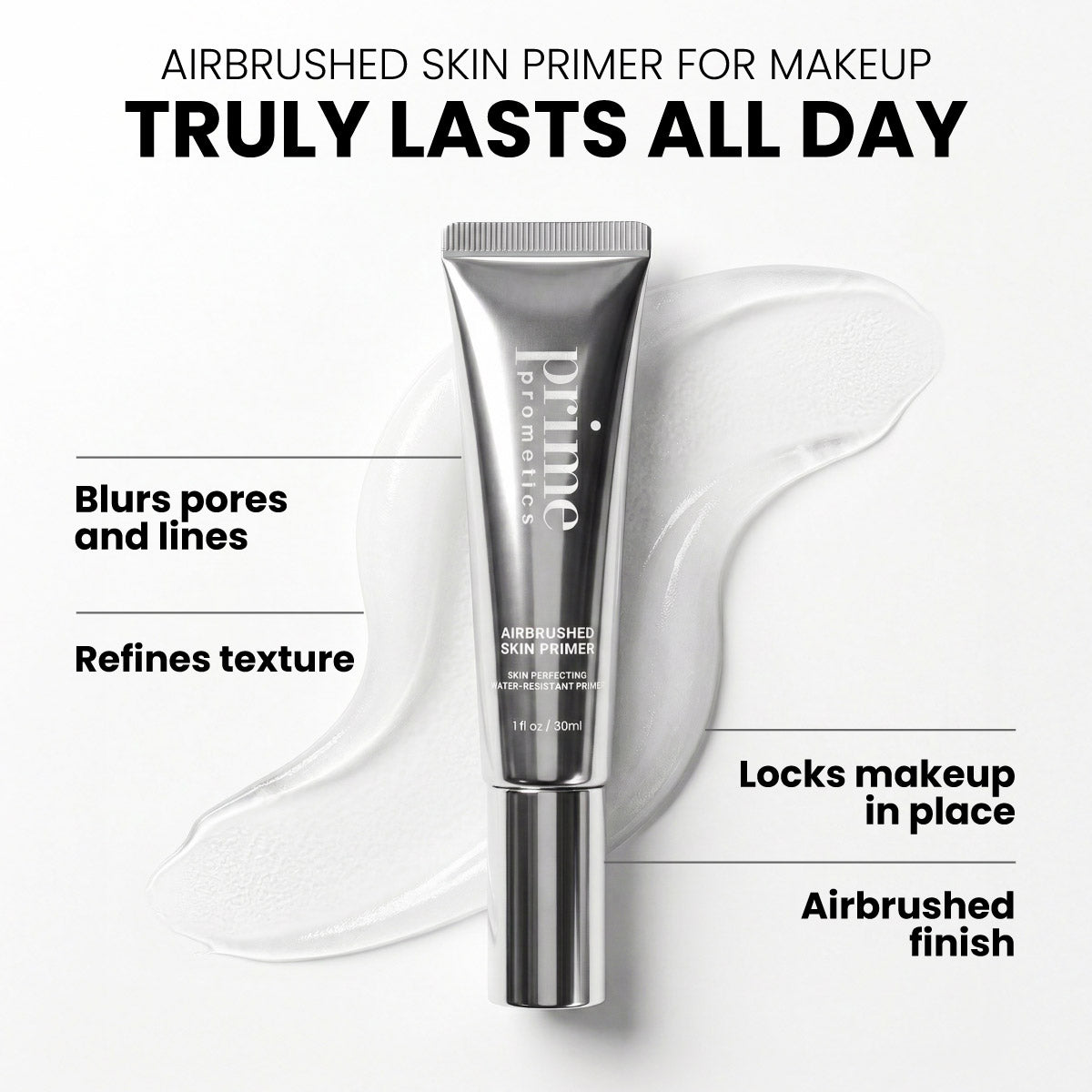 Prime Prometics Airbrushed Skin Primer for makeup truly lasts all day: blurs pores and lines, refines texture, locks makeup in place, airbrushed finish