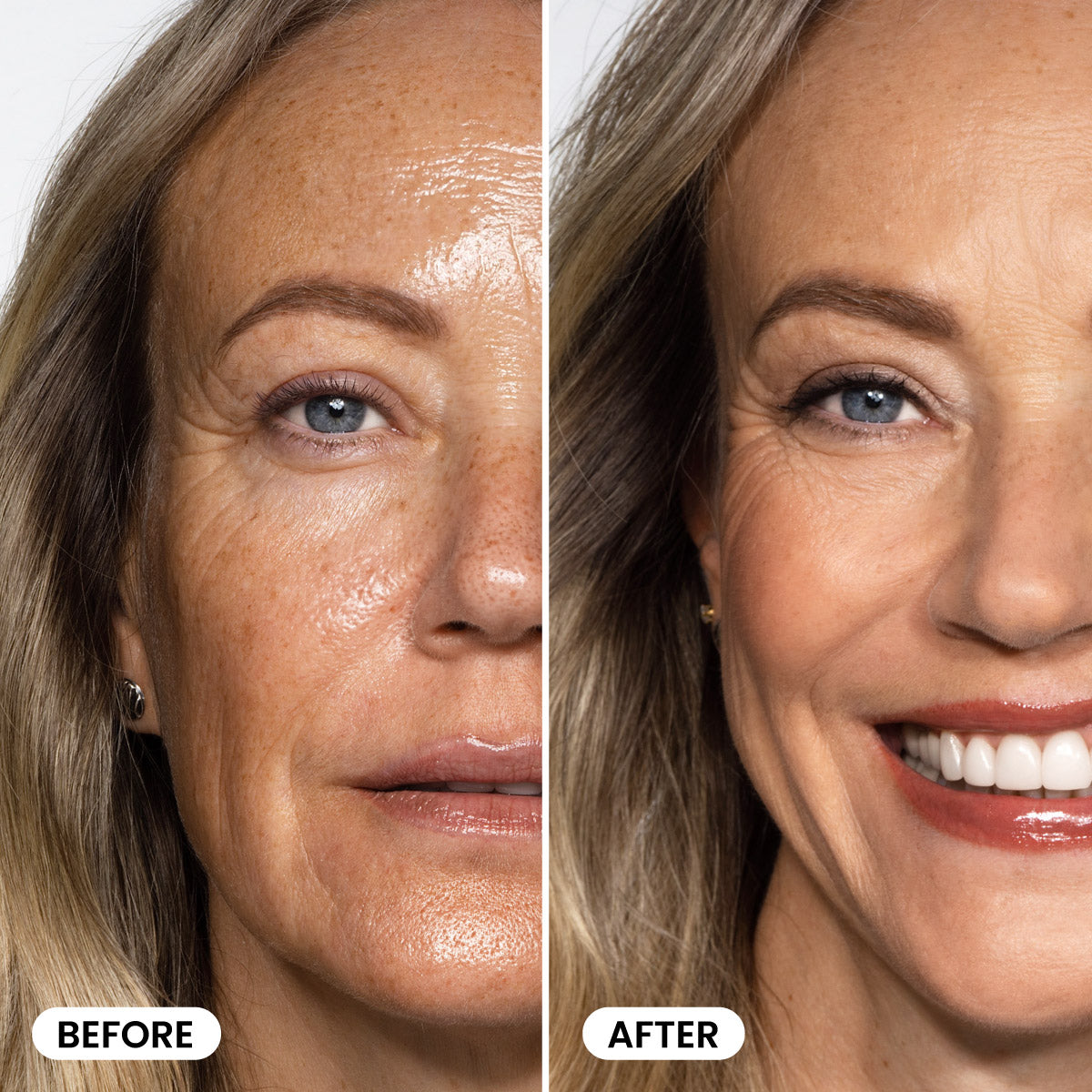 Before-and-after closeup of a mature woman showing visible pores and texture before, then a smoother, more refined finish after Prime Prometics Airbrushed Skin Primer