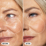 Before-and-after closeup of a mature woman with circular highlights on the cheek area showing visibly blurred pores and smoother texture after Prime Prometics Airbrushed Skin Primer