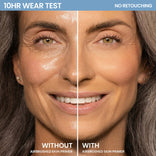 10-hour wear test, no retouching: side-by-side closeup of a mature woman's face without Prime Prometics Airbrushed Skin Primer on the left and with the primer on the right, showing a smoother, more even complexion