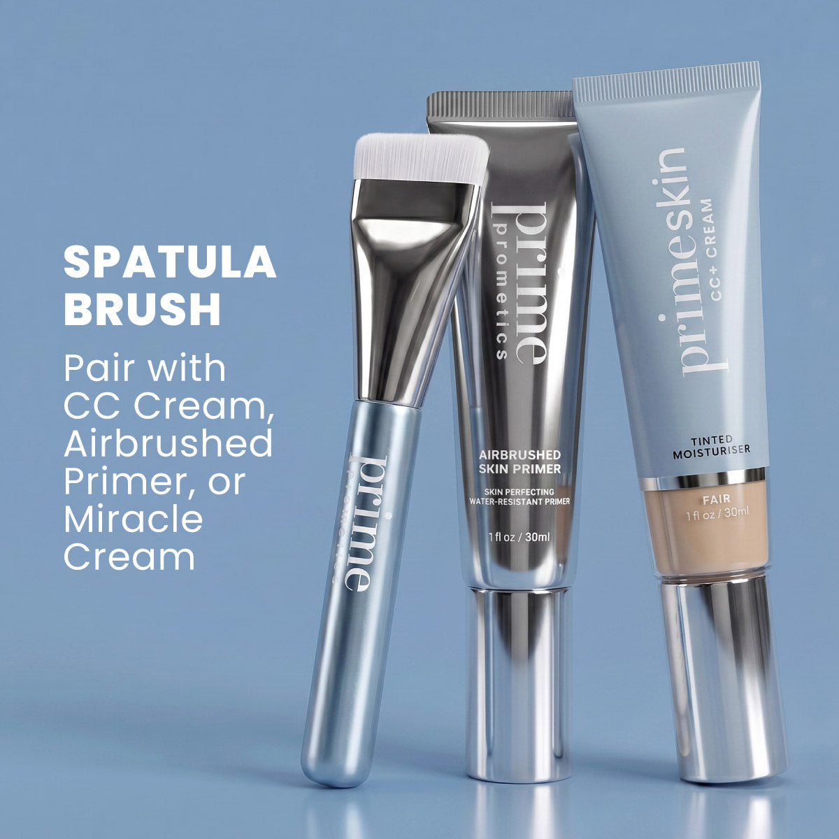 Spatula Brush shown with Prime Prometics Airbrushed Skin Primer and PrimeSkin CC+ Cream tubes; instructions to pair the brush with CC Cream Airbrushed Primer or Miracle Cream