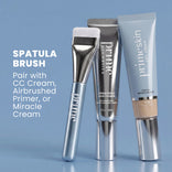 Spatula Brush shown with Prime Prometics Airbrushed Skin Primer and PrimeSkin CC+ Cream tubes; instructions to pair the brush with CC Cream Airbrushed Primer or Miracle Cream