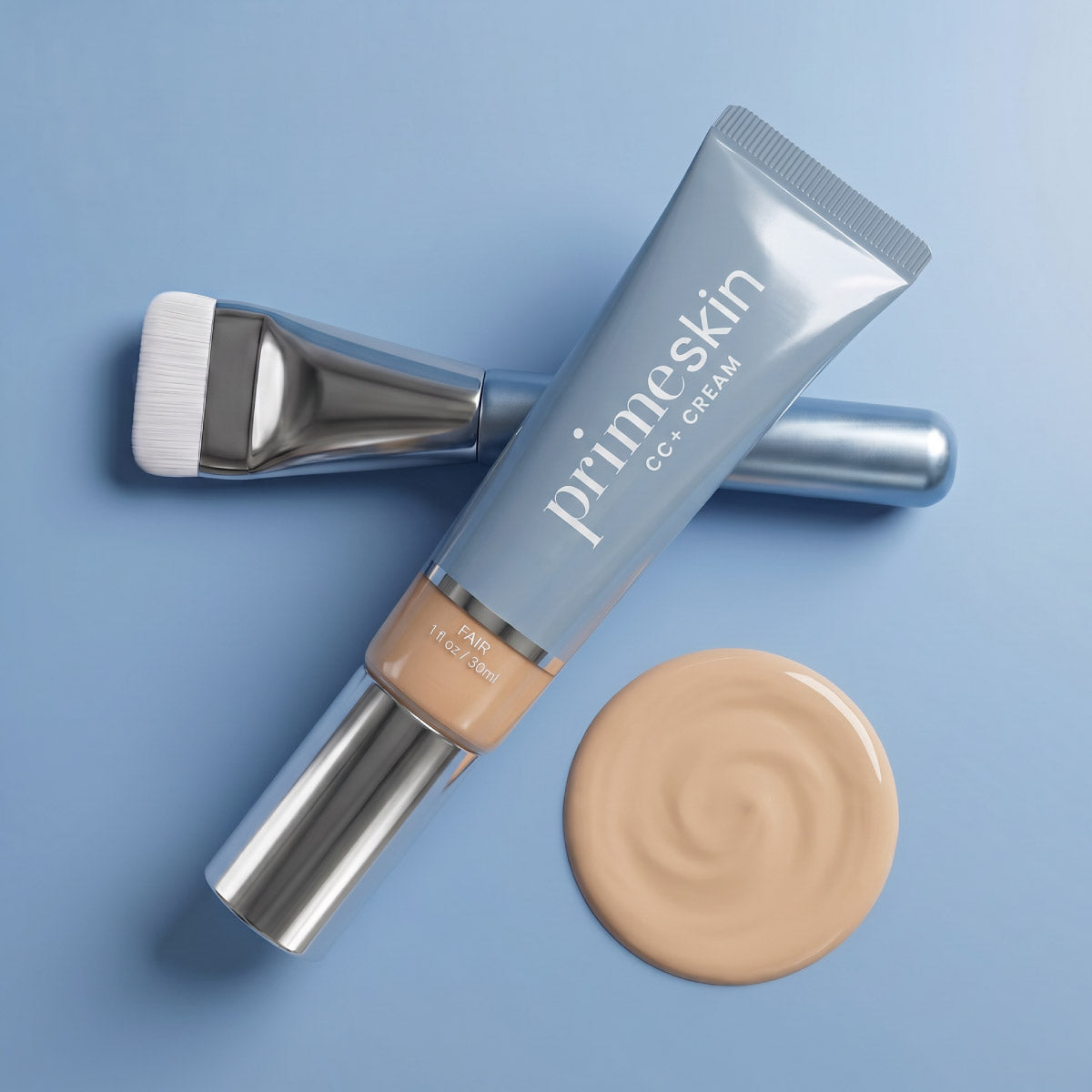Spatula Brush with Prime Prometics PrimeSkin CC+ Cream tube in Fair shade and a swirl of cream foundation