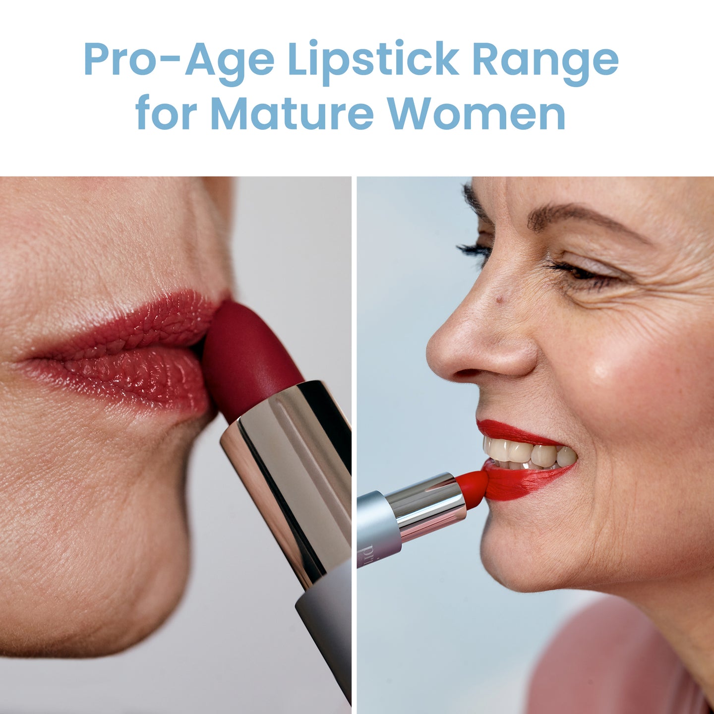 Pro-Age Lipstick Range for Mature Women: closeup of lips with Prime Prometics PrimeLip Lipstick and woman applying it