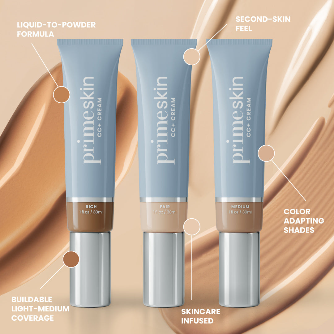 Three tubes of primeskin CC+ Cream in Rich, Fair, and Medium shades are shown standing upright, with labeled features including liquid-to-powder formula, buildable coverage, skincare infusion, and second-skin feel.