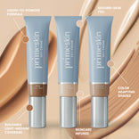 Three tubes of primeskin CC+ cream, labeled Rich, Fair, and Medium, stand against a background of blended cream swatches. Callouts highlight features: liquid-to-powder, buildable coverage, skincare infused, second-skin feel, and color adapting shades.