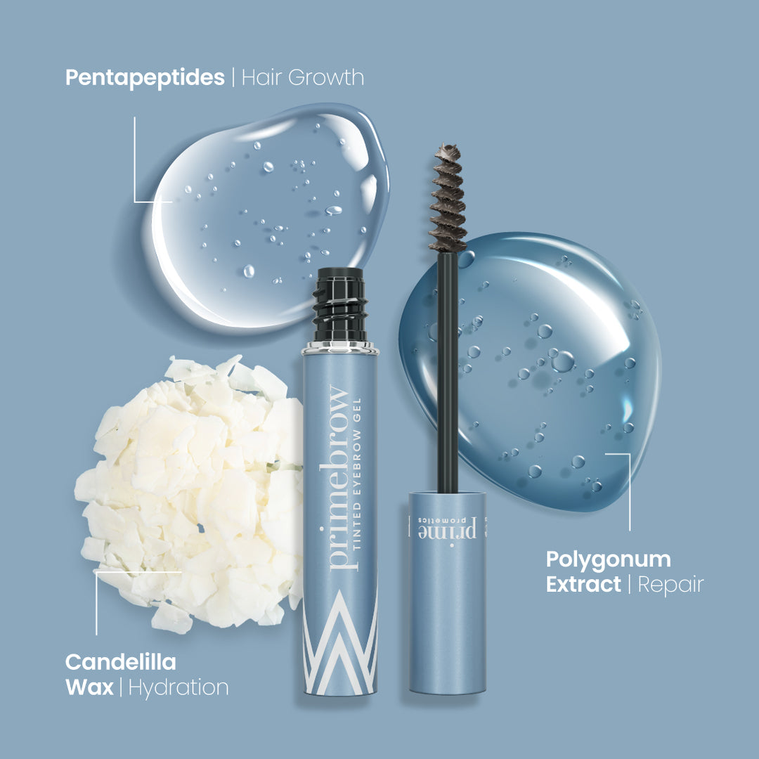 A blue tube of Primebrow tinted eyebrow gel with the applicator wand exposed, surrounded by candelilla wax flakes, gel drops, and labeled ingredient benefits: pentapeptides for hair growth, polygonum extract for repair, and candelilla wax for hydration.