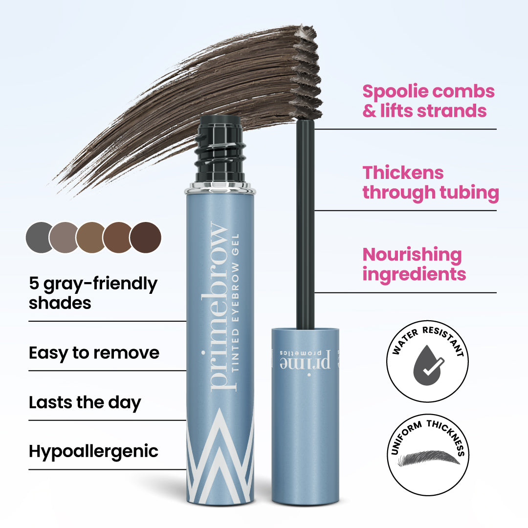 A blue tube of primebrow tinted eyebrow gel with spoolie wand, five shade swatches, and features listed: 5 gray-friendly shades, easy to remove, lasts the day, hypoallergenic, water resistant, and nourishing.