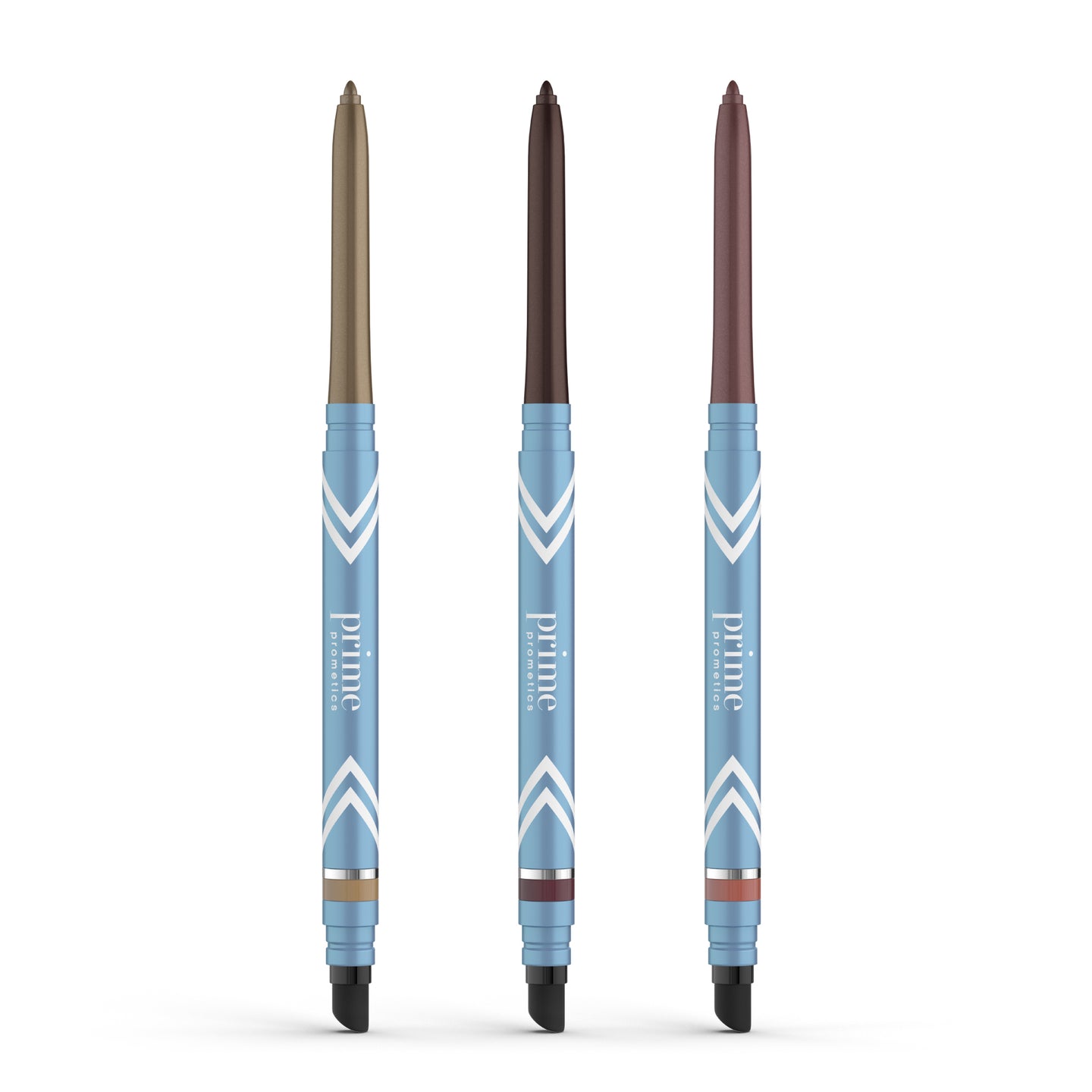 Three PrimeEyes Glide *New* Bundle eyeliners by PrimePrometics™ stand upright, each with a blue and white chevron-patterned barrel and colored tip—gold, dark brown, or mauve. These bold liners deliver smudge-proof, long-lasting wear.