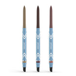 Three PrimeEyes Glide *New* Bundle eyeliners by PrimePrometics™ stand upright, each with a blue and white chevron-patterned barrel and colored tip—gold, dark brown, or mauve. These bold liners deliver smudge-proof, long-lasting wear.
