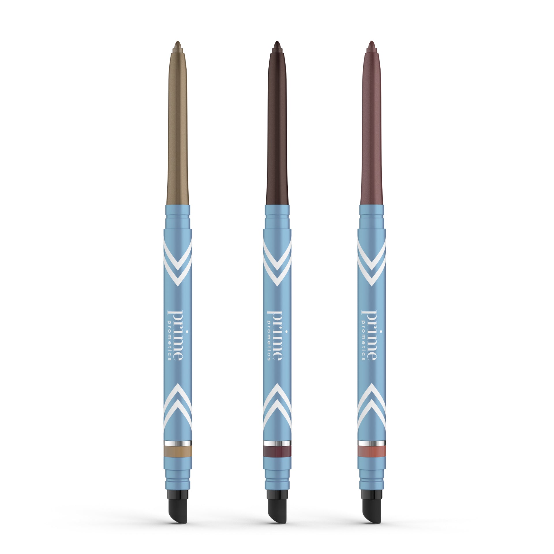 Three PrimeEyes Glide *New* Bundle eyeliners by PrimePrometics™ stand upright, each with a blue and white chevron-patterned barrel and colored tip—gold, dark brown, or mauve. These bold liners deliver smudge-proof, long-lasting wear.
