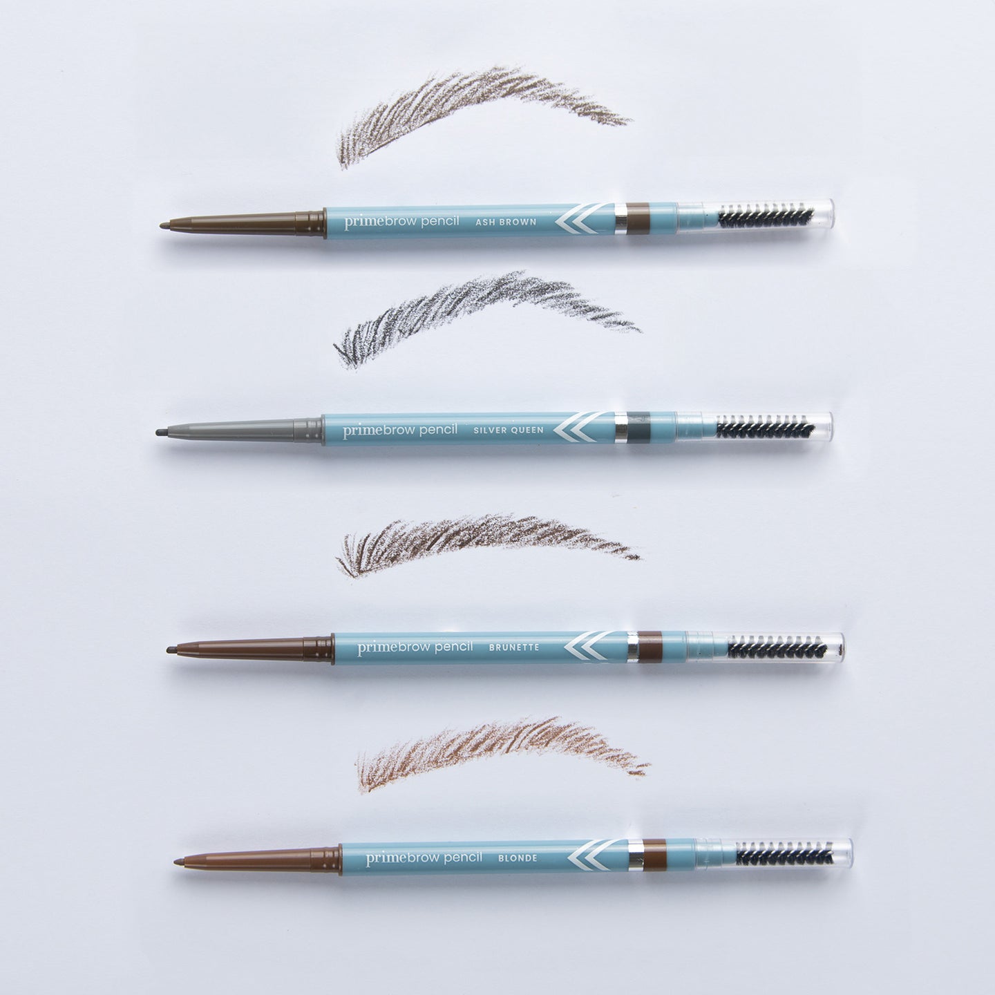 Four eyebrow pencils in different shades are arranged horizontally, each with a swatch above showing the pencils color. Each pencil has a spoolie brush on one end and is labeled with its specific shade name.