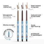 Three PrimePrometics™ PrimeEyes Glide *New* Bundle twist-up eyeliners stand upright with varied tips and strokes above, showcasing creamy color, safe pigments, built-in sharpener, smudger, water resistance, and a hypoallergenic formula.