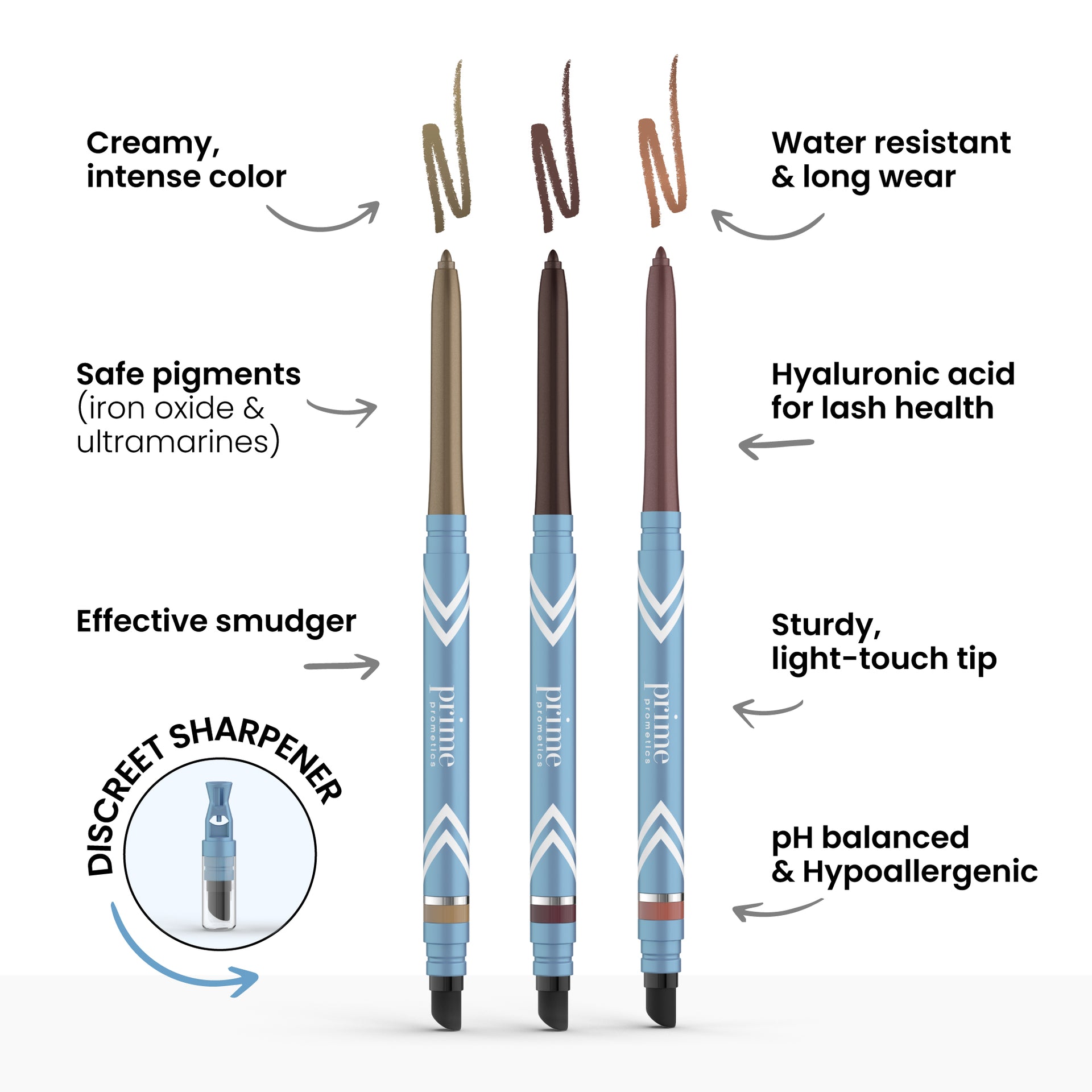Three PrimeEyes Glide *New* Bundle eyeliners by PrimePrometics™ stand upright, each with a blue and white chevron-patterned barrel and colored tip—gold, dark brown, or mauve. These bold liners deliver smudge-proof, long-lasting wear.