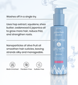 PrimeHair Luster conditioner washes off in one try; hop extract, squalene, shea butter, cedarwood and japonica oil grow hair and reduce frizz; olive fruit oil smooths cuticles. Biotin, paraben- and sulfate-free