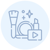 Line drawing of makeup items including a brush, powder compact, and lipstick, with sparkle icons, all on a light blue circular background.