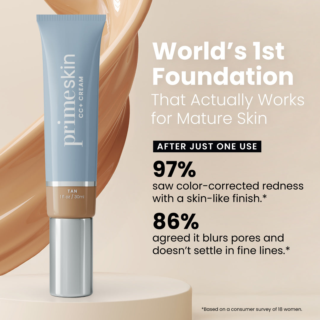 A tube of Primeskin CC+ Cream in Tan shade is shown with a swirl of foundation in the background. Text highlights its benefits for mature skin, including redness correction and pore-blurring effects.