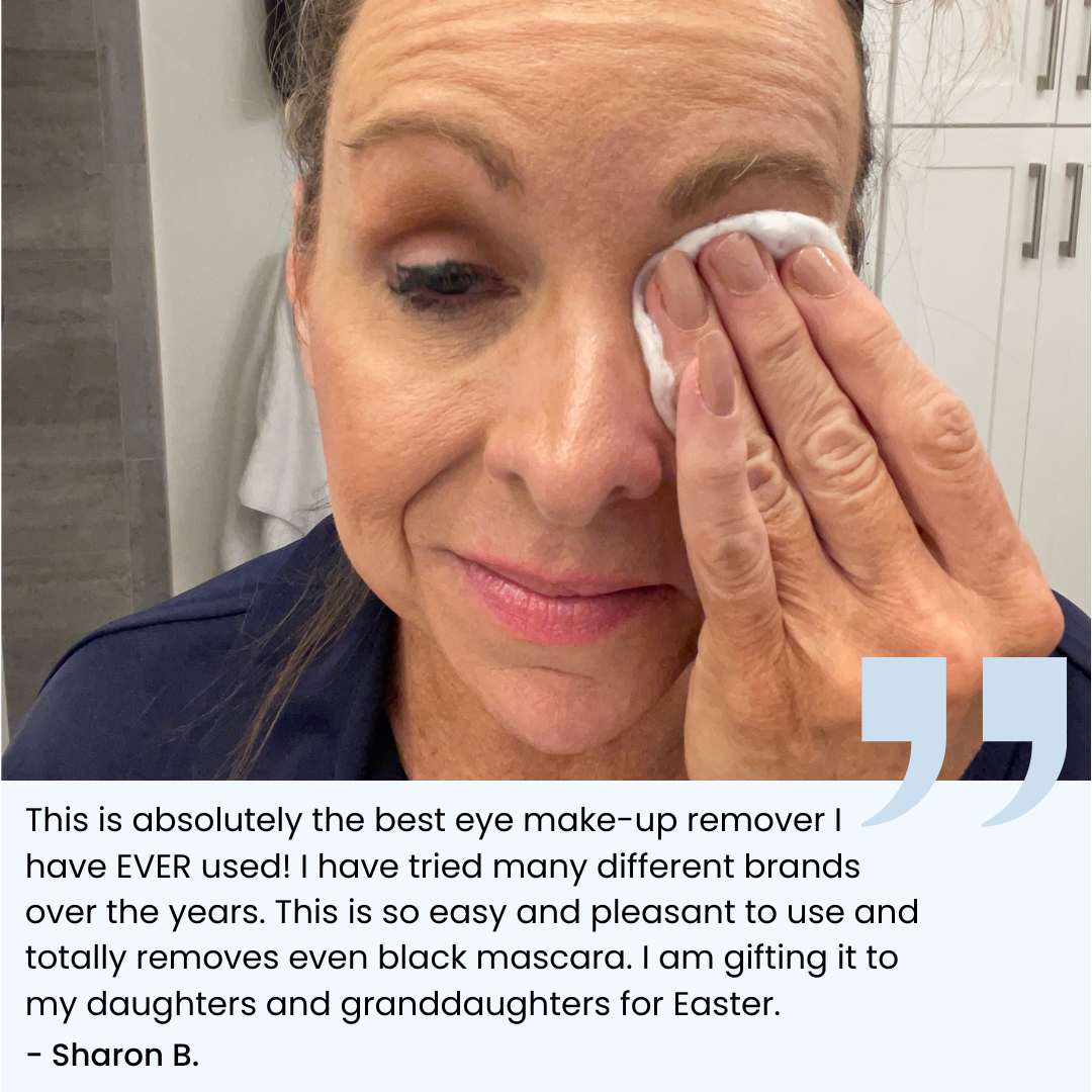 A woman uses a cotton pad to remove eye makeup from her closed eyelid; a testimonial about the effectiveness of an eye makeup remover is displayed at the bottom of the image.