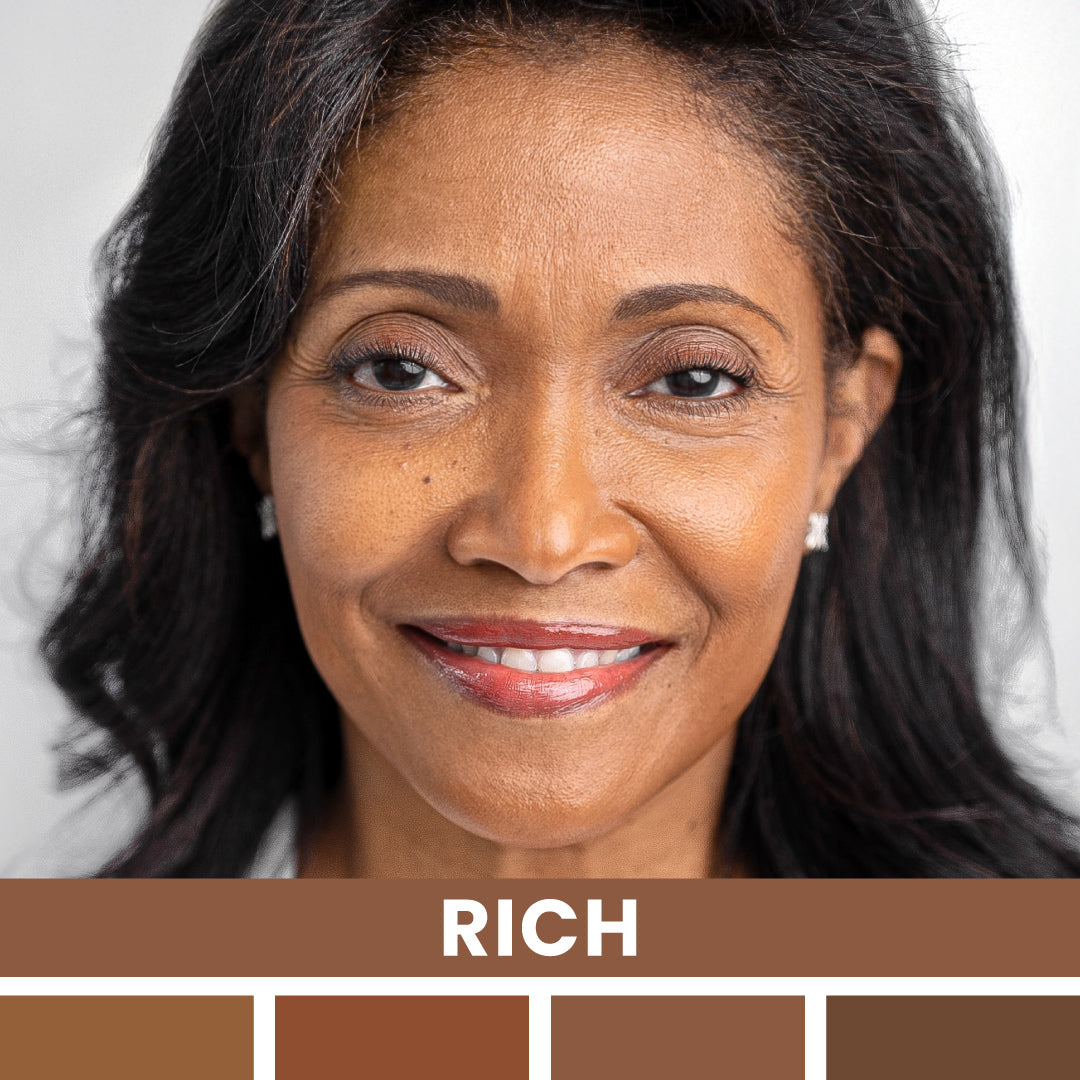 A woman with medium-dark skin and dark hair smiles gently. Below her, the word RICH is displayed above a palette of five brown shades ranging from light to dark.