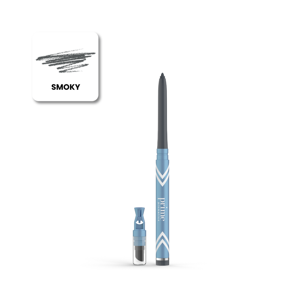 Prime Prometics PrimeEyes Glide Eyeliner in Smoky pencil with charcoal swatch