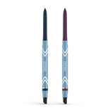 Two PrimePrometics™ 2pcs PrimeEyes Glide Eyeliners with chevron design and smudger tips, one dark blue and one dark plum, shown upright—water-resistant liners ideal for mature skin.