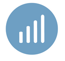 A blue circle with four white vertical bars of increasing height from left to right, resembling a bar chart or signal strength icon.
