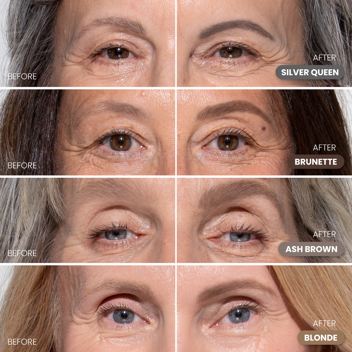 A collage shows close-ups of four womens eyes and brows before and after eyebrow color treatments: Silver Queen, Brunette, Ash Brown, and Blonde shades. Each after photo shows darker, fuller eyebrows.