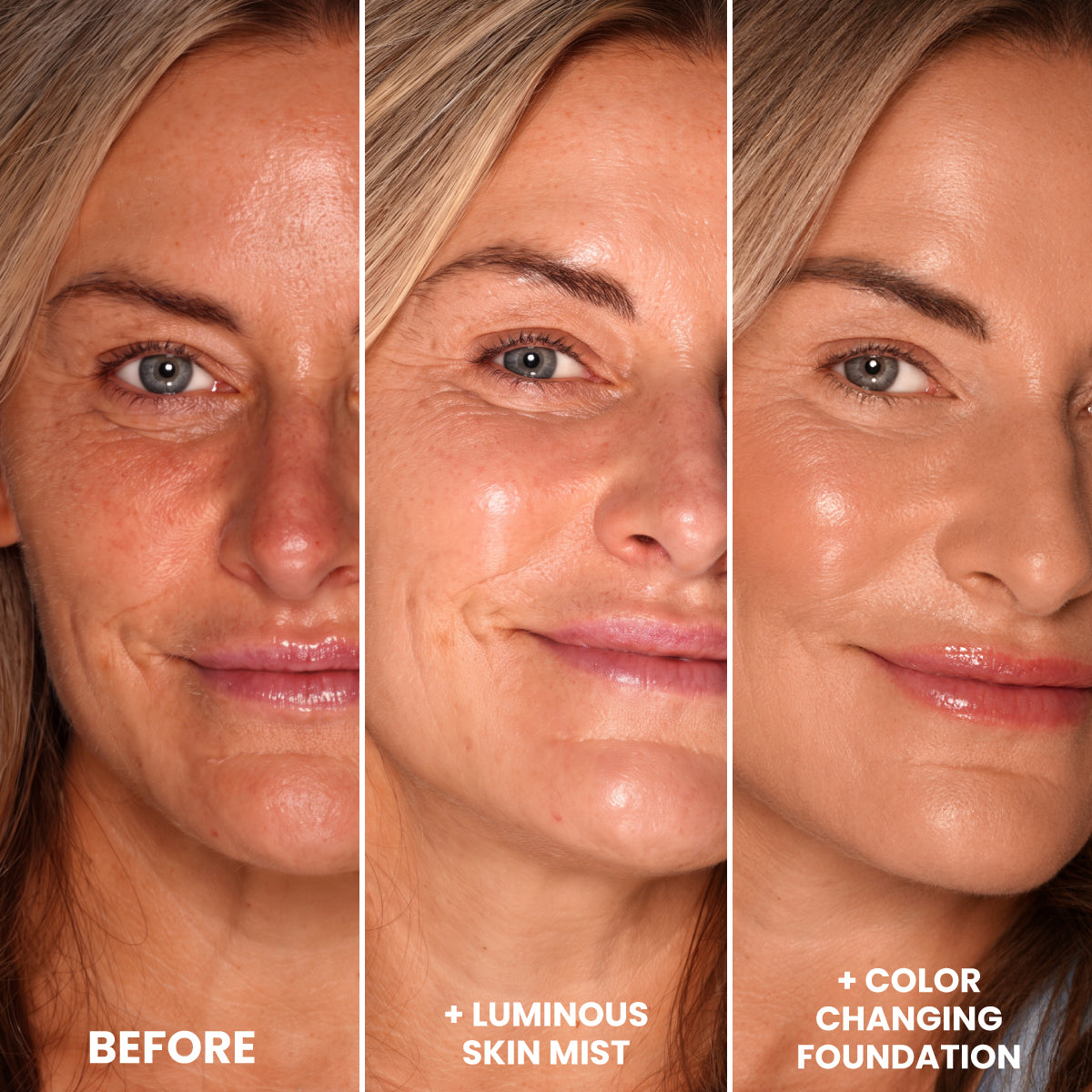 Three side-by-side close-ups showing skin texture before application, after using Prep-Set-Refresh Luminous Skin Mist, and after applying color-changing foundation.