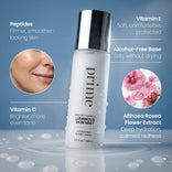 A bottle of PrimePrometics™ Prep-Set-Refresh Luminous Skin Mist surrounded by circular insets highlighting ingredients including peptides, Vitamin E, Vitamin C, and Althaea rosea flower extract.