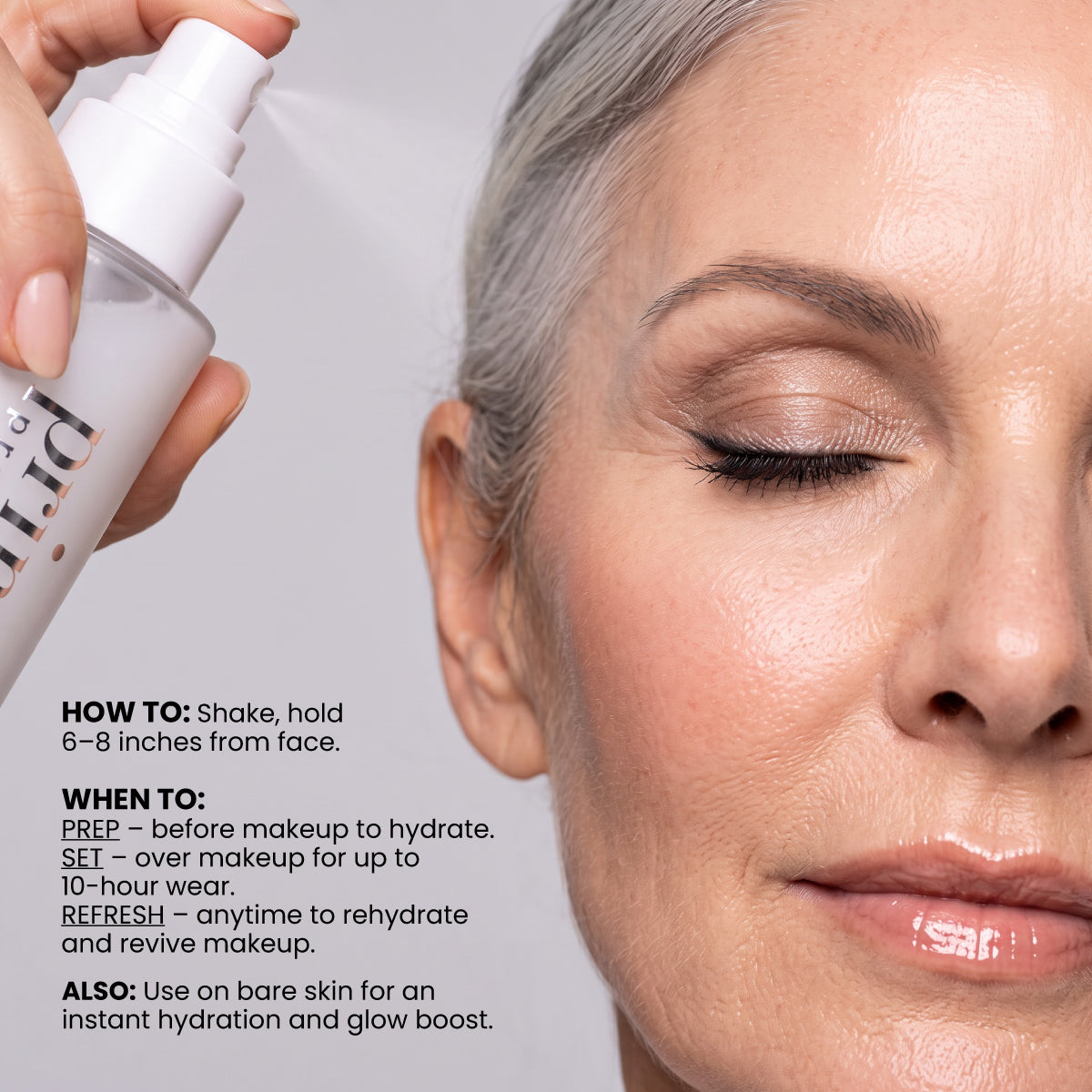 A hand sprays PrimePrometics™ Prep-Set-Refresh Luminous Skin Mist onto a person’s face, with text listing product instructions for prep, set, and refresh.