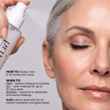 A hand sprays PrimePrometics™ Prep-Set-Refresh Luminous Skin Mist onto a person’s face, with text listing product instructions for prep, set, and refresh.