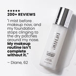 A bottle of Prep-Set-Refresh Luminous Skin Mist next to a 5-star review stating the luminous mist prevents foundation from clinging to dry skin patches.