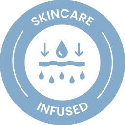A blue circular badge with the words SKINCARE INFUSED. In the center, a water droplet and arrows point to a wavy line above falling droplets, symbolizing hydration or skincare benefits.