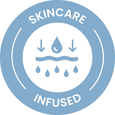 Ein blaues, rundes Abzeichen mit der Aufschrift „SKINCARE INFUSED“. In der Mitte ist ein Wassertropfen abgebildet, und Pfeile zeigen auf eine Wellenlinie über herabfallenden Tropfen, was die Feuchtigkeitsversorgung oder die Vorteile der Hautpflege symbolisiert.