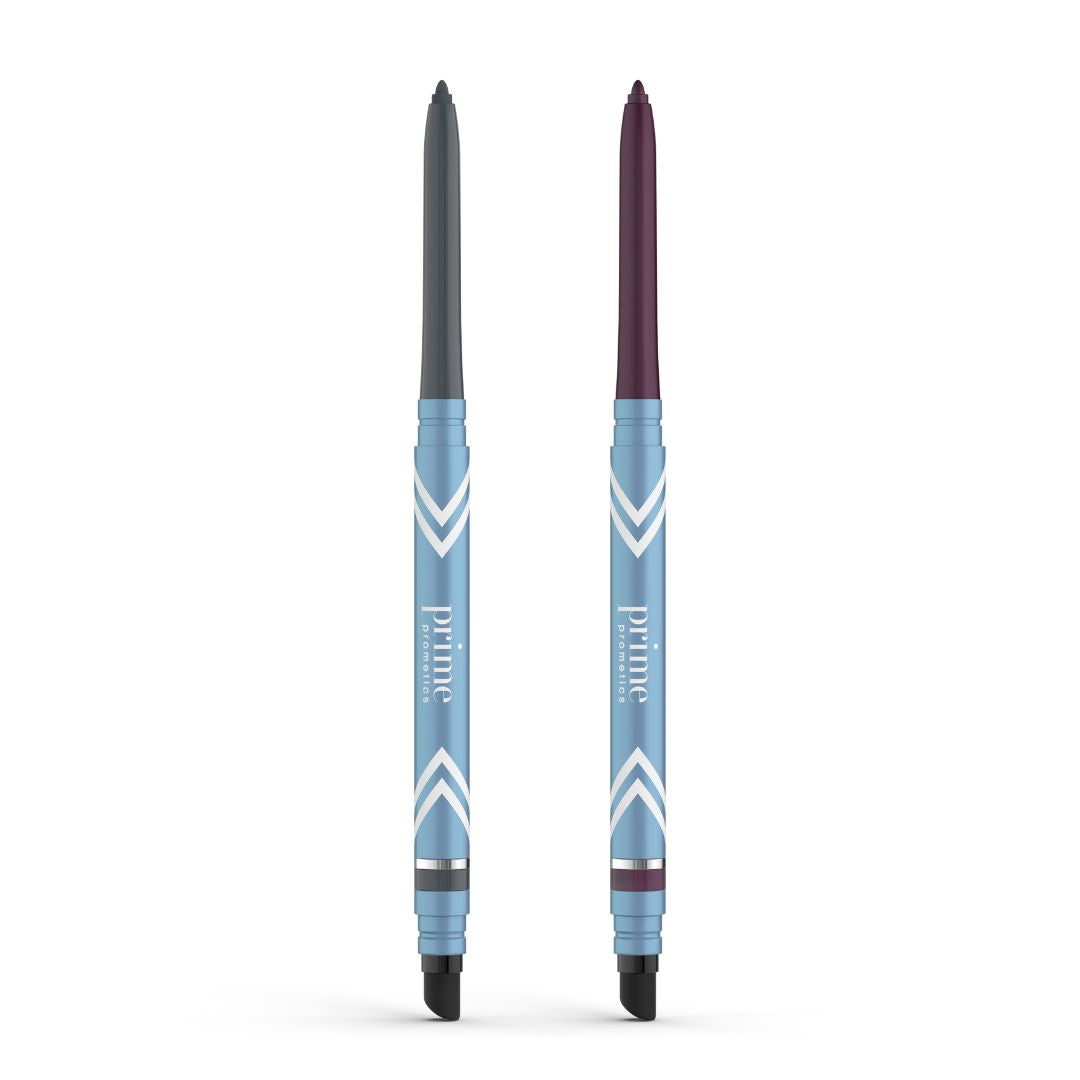 Two 2pcs PrimeEyes Glide Eyeliners by PrimePrometics™ stand upright with blue and white chevron-patterned barrels—one dark gray, one dark plum. Both water-resistant for mature skin, each features a blending smudger at the bottom.