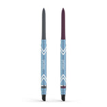 Two 2pcs PrimeEyes Glide Eyeliners by PrimePrometics™ stand upright with blue and white chevron-patterned barrels—one dark gray, one dark plum. Both water-resistant for mature skin, each features a blending smudger at the bottom.
