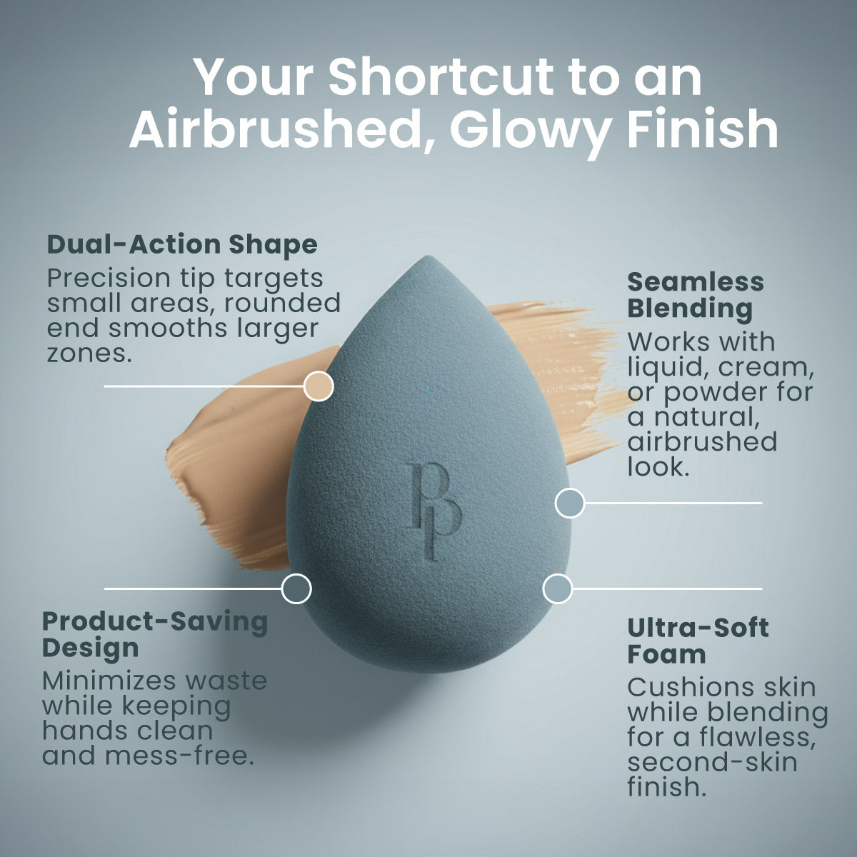 Makeup Blending Sponge for an airbrushed, glowy finish: dual-action shape with precision tip and rounded end, seamless blending with liquid, cream or powder, product-saving design, and ultra-soft foam