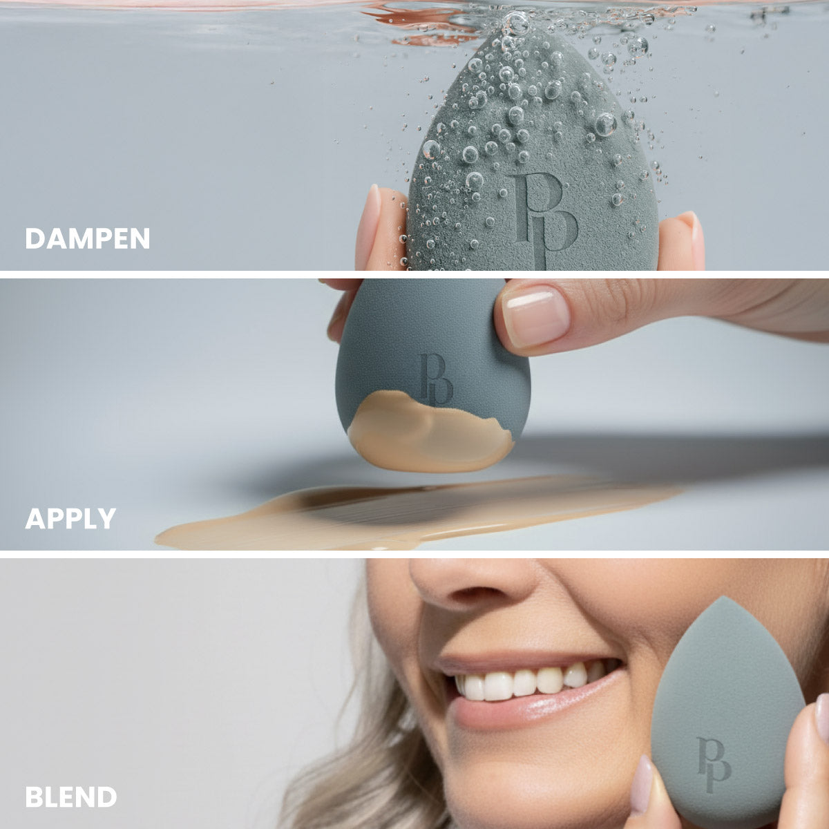 A three-step makeup sponge tutorial: dampen the sponge in water, apply foundation with the sponge, then blend the foundation on the face for a smooth finish. Each step is labeled: Dampen, Apply, and Blend.